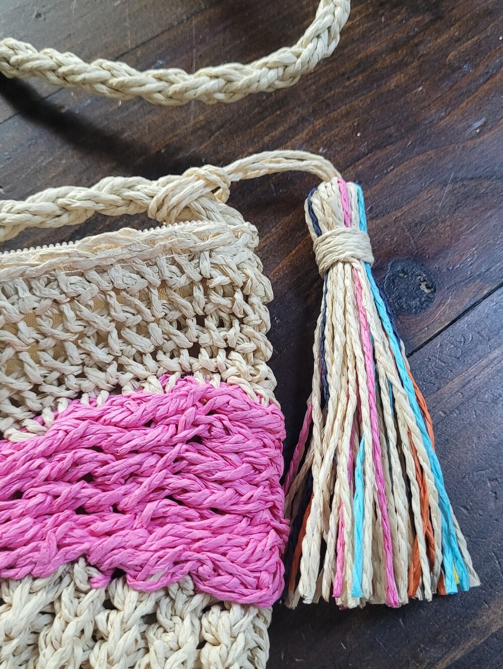 Uncharted Threads Tan Pink Blue  Rainbow Paper Straw-look Woven Crossbody Bag - Picture 3 of 12